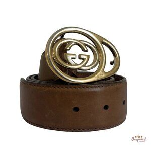 Authentic Gucci Brown Leather Gold Interlocking G Buckle Belt 80/32